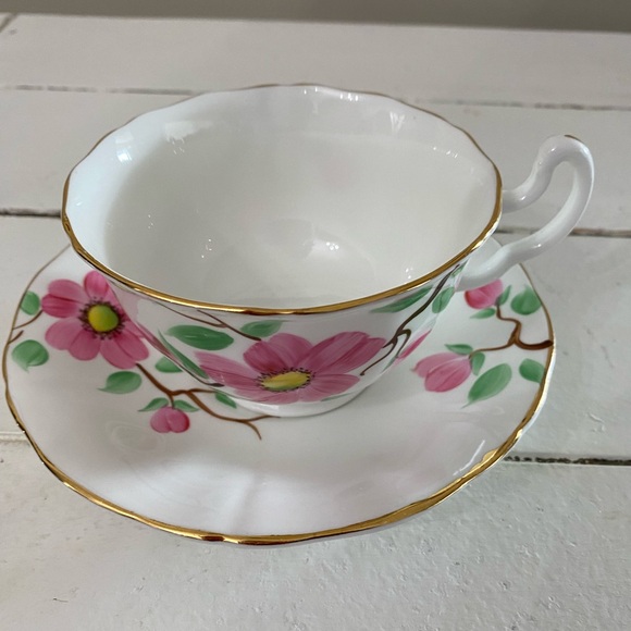 EUC VTG ADDERLEY TEACUP AND SAUCER HAND PAINTED PINK FLOWERS AND GREEN LEAVES - Picture 3 of 10